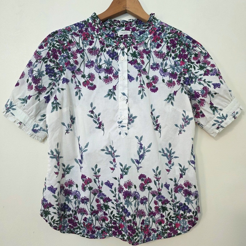 Talbots Floral‎ Puff Sleeve Poplin Top Sz M Petite Short Sleeve High Neck Garden